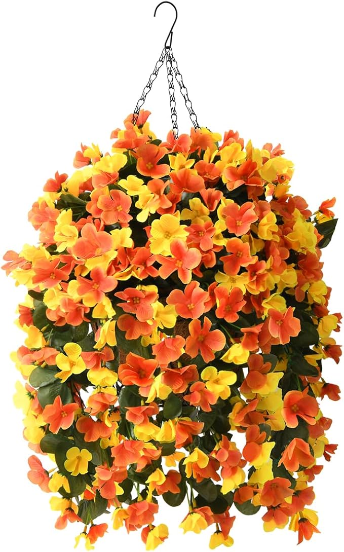 Artificial Hanging Flowers Basket for Fall Autumn Outdoor Decor,Faux Silk Begonia in Planter Look Real UV Resistant for Porch Home Patio Garden Yard Decoration