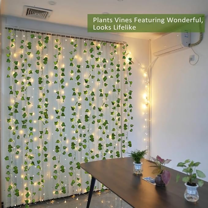 RECUTMS Vines with Lights Strings 59 Inches Wall Leaves Artificial Ivy Greenery Garland Fake Green Decorations Hanging Silk Leaf Plant All Year Round for Garden Office Wedding Table