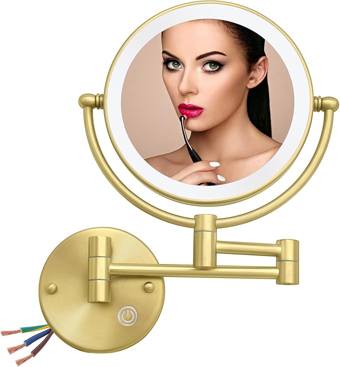 Lighted Makeup Mirror Wall Mounted Gold, Double Sided 1/5X Magnifying Mirror Wall Mount with Light, 360 Swivel Cosmetic Mirror for Bathroom, Brass Brushed Gold, Hardwired
