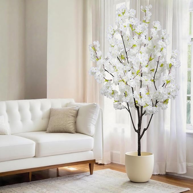Indoor Cherry Blossoms Tree White Artificial Cherry Blossom Tree 6FT Faux Bedroom Trees for Home Decor