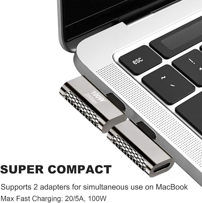 2 pcs Type-C Male to Female Adapter，Supports 20Gbps 4K/8K Audio and Video，100W Power convertor Extender for MacBook Pro/Air, Switch, Laptop, Tablet, Phone and More (Side Bend)