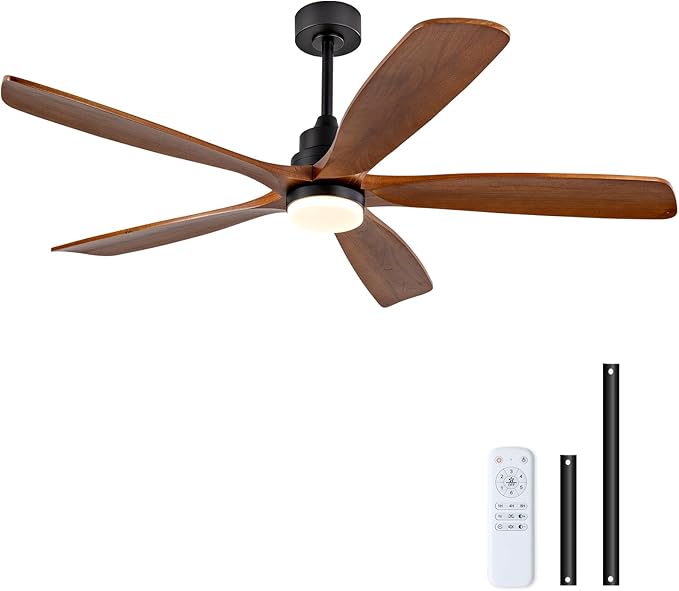 BOJUE 60 Inch Ceiling Fans with Lights and Remote Control, Modern Ceiling Fan with Light for Bedroom, Noiseless DC Motor, Dimmable Led 5 Solid Wood Blades