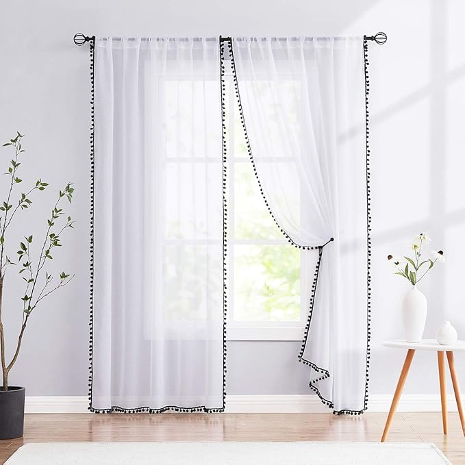 Treatmentex Sheer White Curtains with Black Pom Pom Curtains 84" Long Linen Textured Look Decorative Window Drapes Navy 52" w 1Pair