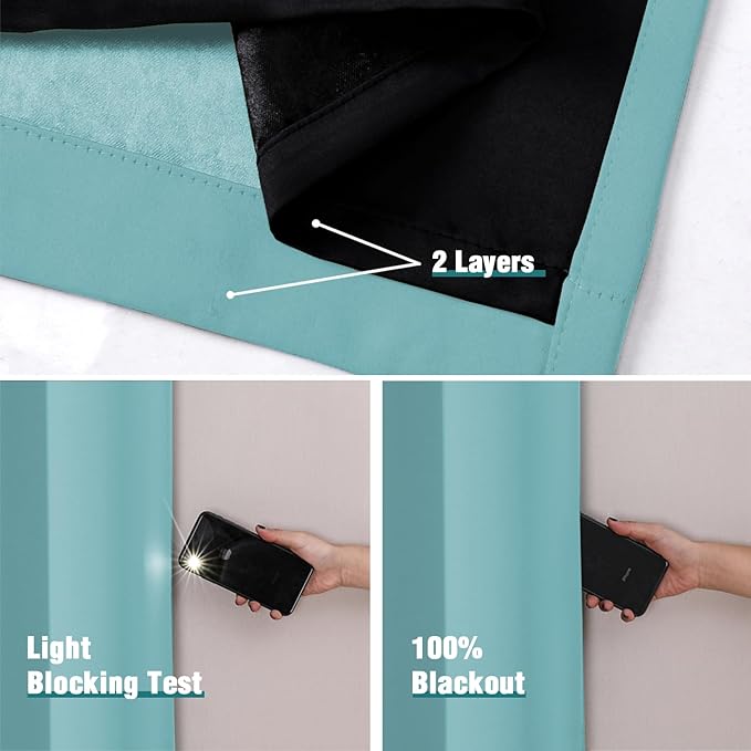ChrisDowa 100% Blackout Curtains 63 inch Long for Bedroom with Black Liner, 2 Thick Layers Total Blackout Thermal Insulated Grommet Window Curtains 2 Panels Set (Aqua, 52 x 63 Inch)