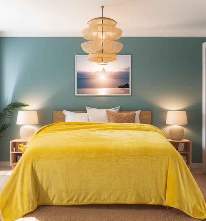 Fleece Blankets for All Season - Premium Lightweight Anti-Static Throw for King Size Bed Extra Soft Brush Fabric Warm Sofa Thermal Blanket 90" x 108"(Yellow)