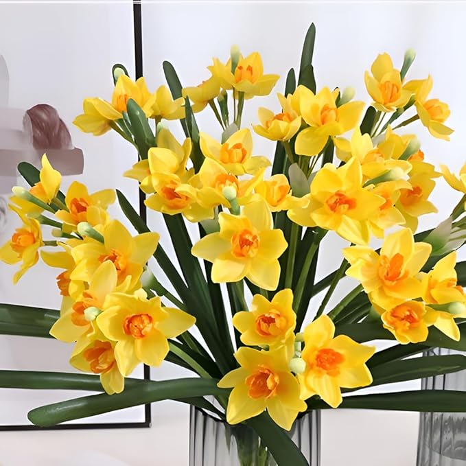 Artificial Flowers for Vases 17.7 Inch 10 Stems， Silk Dried Fake Mums Bouquet Indoor Faux Floral Arrangements for Decoration (Yellow Narcissus)