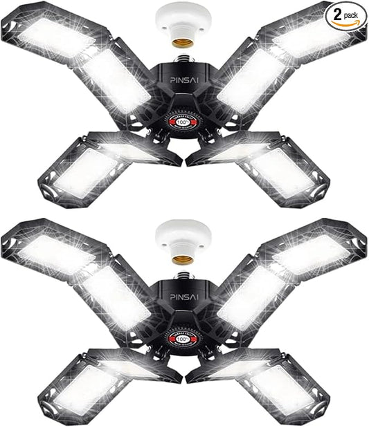 2 Pack LED Garage Light,Super Bright Screw in E26/E27 Ceiling Shop Work Lamp, 200W 20000 Lumen Deformable Basement Bulb Fixture with 8 Adjustable Panels