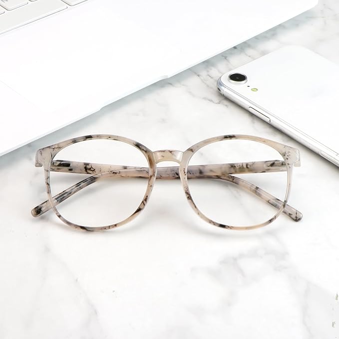 LifeArt Round Blue Light Blocking Glasses, Computer Glasses, Gaming Glasses, TV Glasses for Women Men (Marble, 2.00 Magnification)