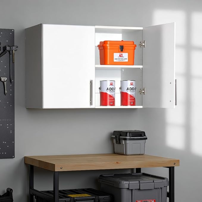 Prepac White Cabinet: Elite Wall Cabinet, WEW-3224 Garage Cabinet with Storage Shelf, Stackable 16"D x 32"W x 24"H, Perfect as a Garage Storage Cabinet with Doors and Shelves