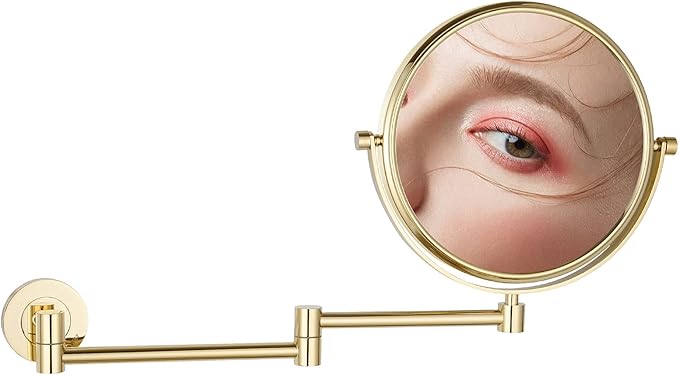 DOWRY 8-Inch Double-Sided Wall Mounted Makeup Mirror with 10x Magnification,14.4-Inch Extension,Gold Finish 1305J(8in,10x)