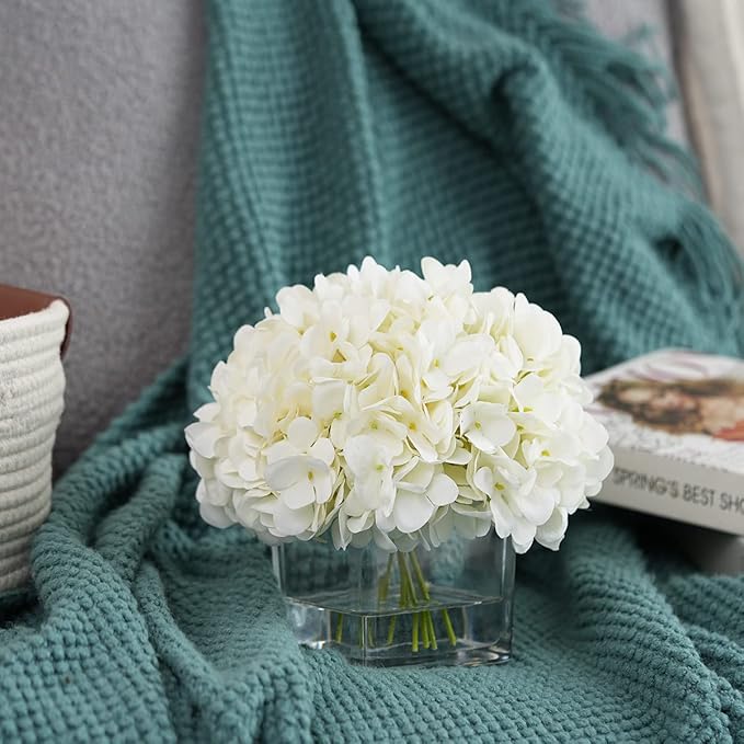 Silk Hydrangea Artificial Flowers in Vase with Faux Water, Silk Flower Arrangements in Vase for Wedding, Dining Table, Living Room (Cream White)