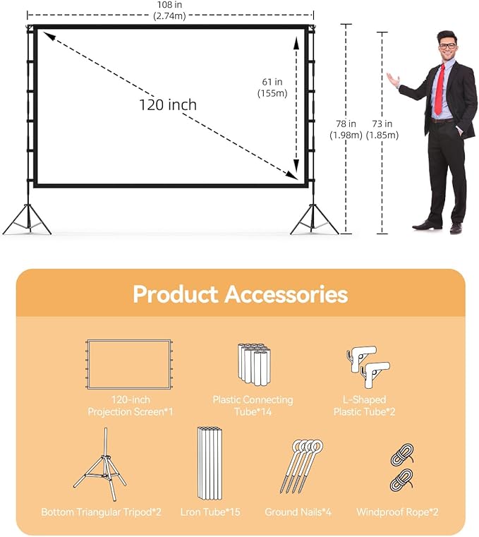 120 inch Outdoor Projector Screen with Stand, 16:9 Foldable Anti-Crease with Carrying Bag, Movie Portable Projector Screen for Outdoor Indoor Home Theater, Office, Classroom, Party, Games