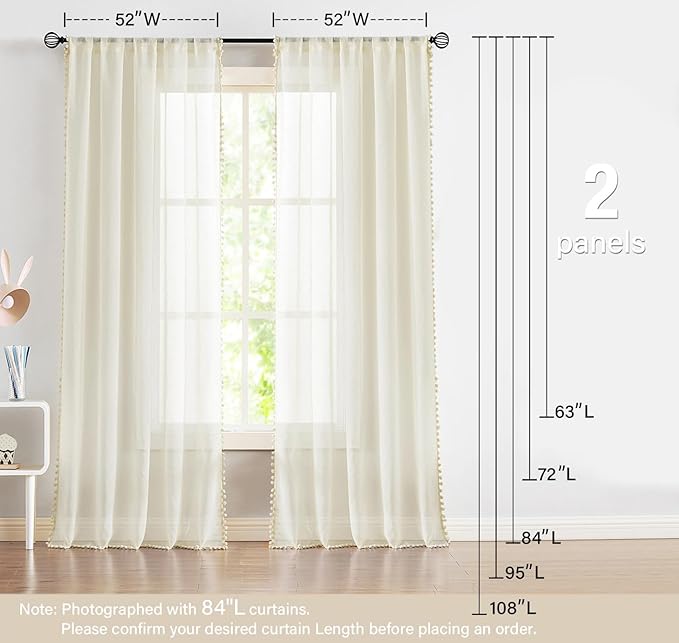 Treatmentex Sheer Linen-Look Curtains 95in Bedroom Decorative Pompom Trimmed Voile for Living Room Slub Textured Natural Window Curtain Panels 2pcs