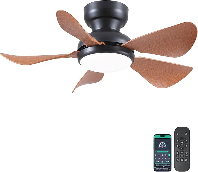 32 Inch Modern Ceiling Fans with Lights, Small Flush Mount Ceiling Fan with Light and Remote/APP Control, 5 Reversible 6 Speeds Curved Blades, 3 CCT Dimmable Lights for Kids Room, Brown
