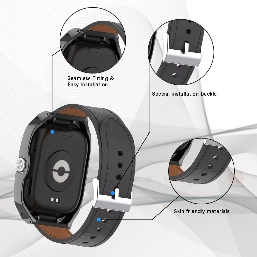 Leather Replacement Bracelet Strap for Xiaomi Redmi Watch 4, Compatible Watchband Accessories with Metal Frame