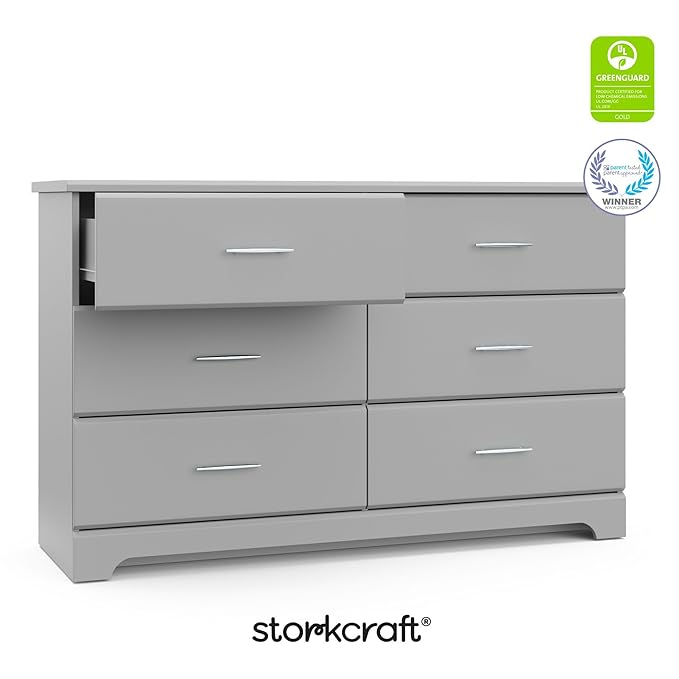 Storkcraft Brookside 6-Drawer Dresser (Pebble Gray) – GREENGUARD Gold Certified, Gray Dresser for Bedroom, Kids & Nursery Storage Chest, Safety Interlocking Drawers, Pre-Installed Tracks, Kids Chest
