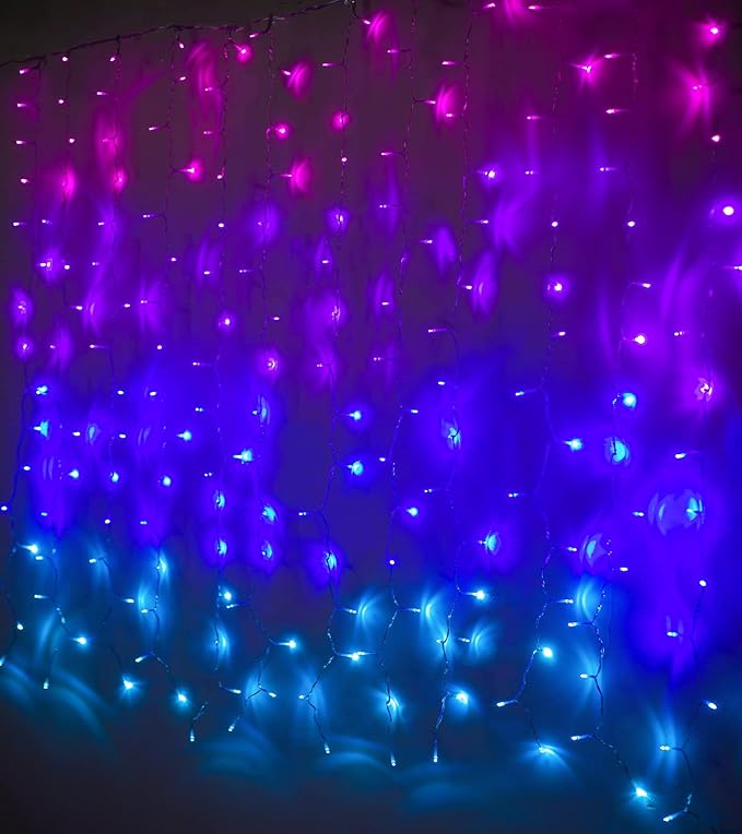 Pink Purple & Blue Ombre LED Curtain Lights with Remote, Rainbow Waterfall String Lights Ombre Hanging Fairy Mermaid Light for Teen Room, Girls Room, Mernaid, Bedroom, Birthday, Cute Christmas Décor