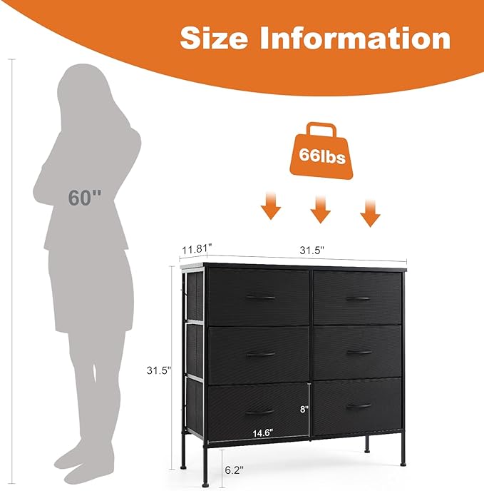 Sweetcrispy Dresser for Bedroom with 6 Storage Drawers, Fabric Storage Tower Organizer, Chest of Drawers with Metal Frame Wooden Top for Closet, Living Room, Entryway, Black
