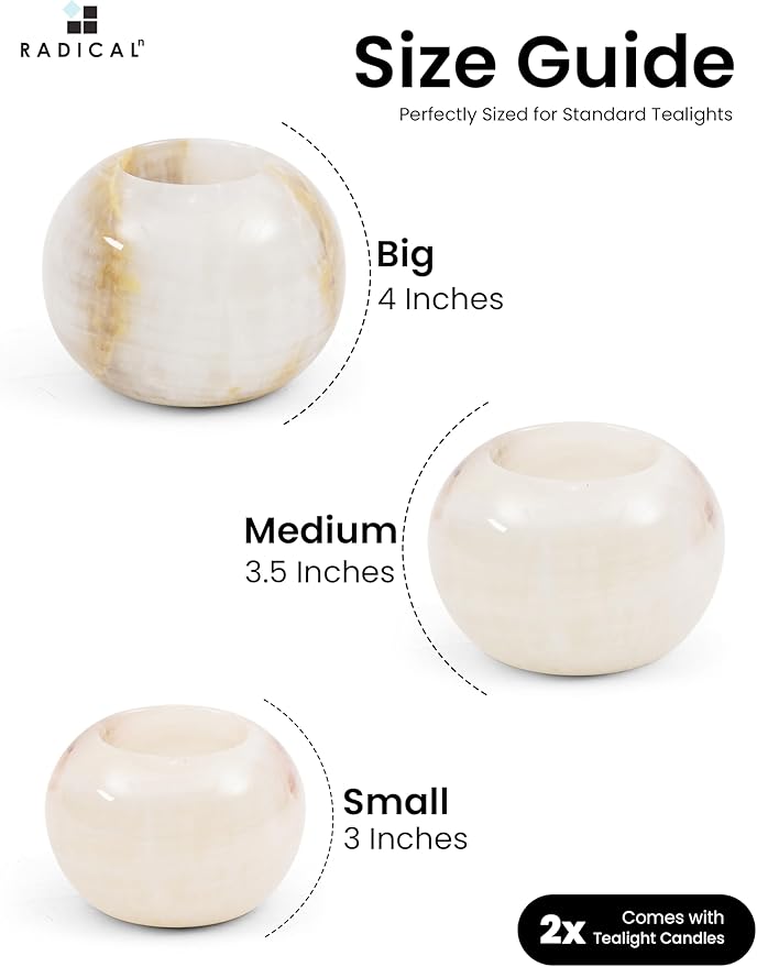 Radicaln Marble Tealight Candle Holder 4" Inch White Onyx Handmade Decorative Votive Candle Holder for Wedding Centerpieces, Elegant Set of 3 Mini Candle Holders for Living Room