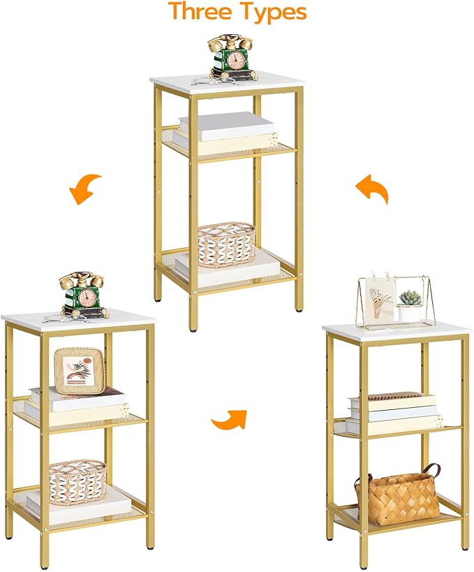HOOBRO Side Table, 3-Tier Tall End Telephone Table with Adjustable Mesh Shelves, Small Entry Table for Living Room Bedroom Hallway or Office, White and Gold DW01DH01G1