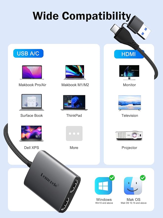 Lemorele USB A & USB C to Dual HDMI Adapter for Mac, Triple Display Adapter with MST, 2 Monitor Extended Display for M-Series, 1080P@60Hz, Compatible with macOS & Windows Driver Installation Required