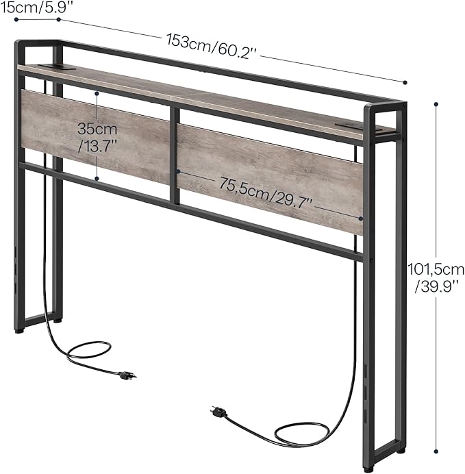 HOOBRO Queen Size Headboard, Headboard with 2 Outlets and 4 USB Ports, Adjustable Height, Storage Rack, Sturdy and Stable, Easy Assembly, Greige and Black