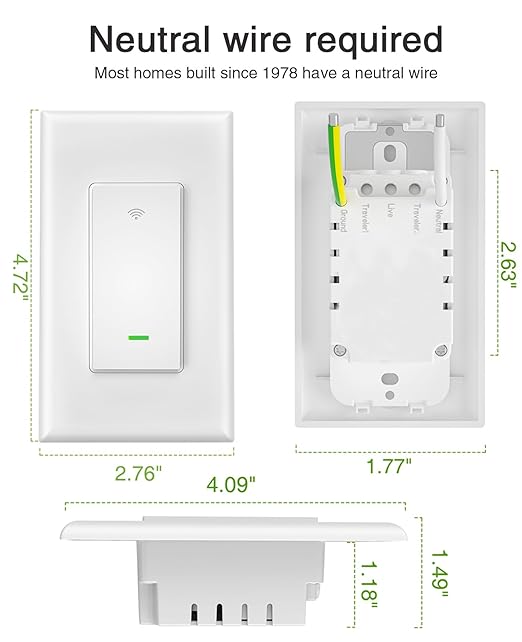 GHome Smart Switch, 3 Way Wi-Fi Light Switch Compatible with Alexa and Google Home, 2.4GHz Schedule Timer, Neutral Wire Required, 3-Way Installation, FCC Listed (4-Pack), White