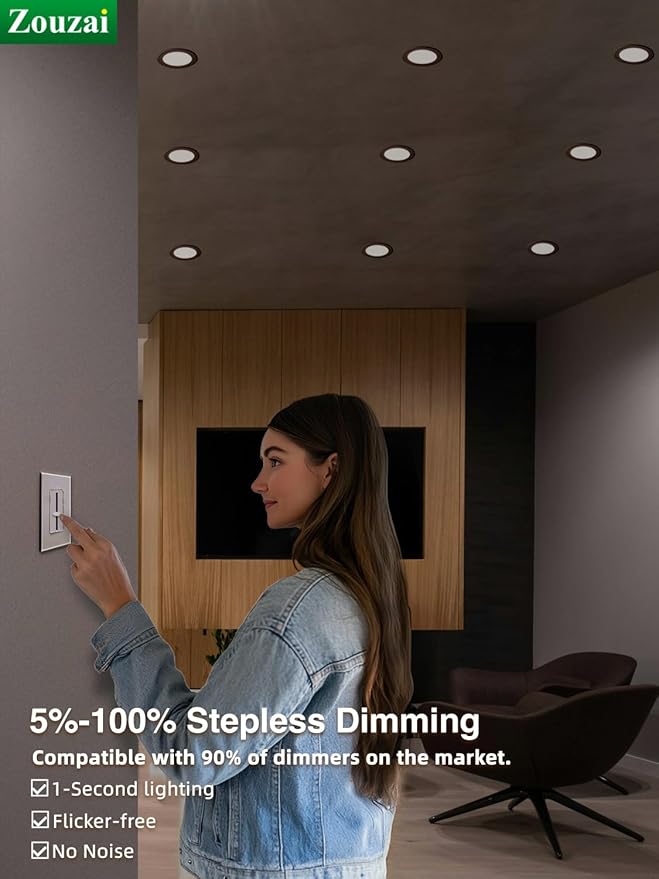 zouzai 12 Pack 4 Inch Black 5CCT Reset Ultra-Thin LED Recessed Ceiling Light with Junction Box, 2700K/3000K/3500K/4000K/5000K Selectable, 9W Dimmable, led can Lights - ETL and Energy Star Certified