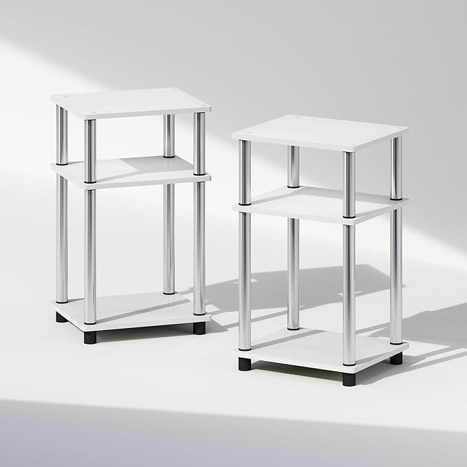 Furinno Just 3-Tier Turn-N-Tube Open Storage Nightstand, 2-Pack, Plastic Poles, White Oak/Stainless Steel
