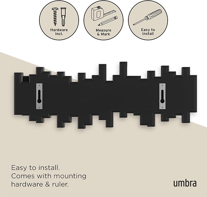 Umbra Sticks Wall-Mounted Coat Rack Rail Hook with 5 Retractable Pegs – Modern, Space-Saving Storage Organizer, Black