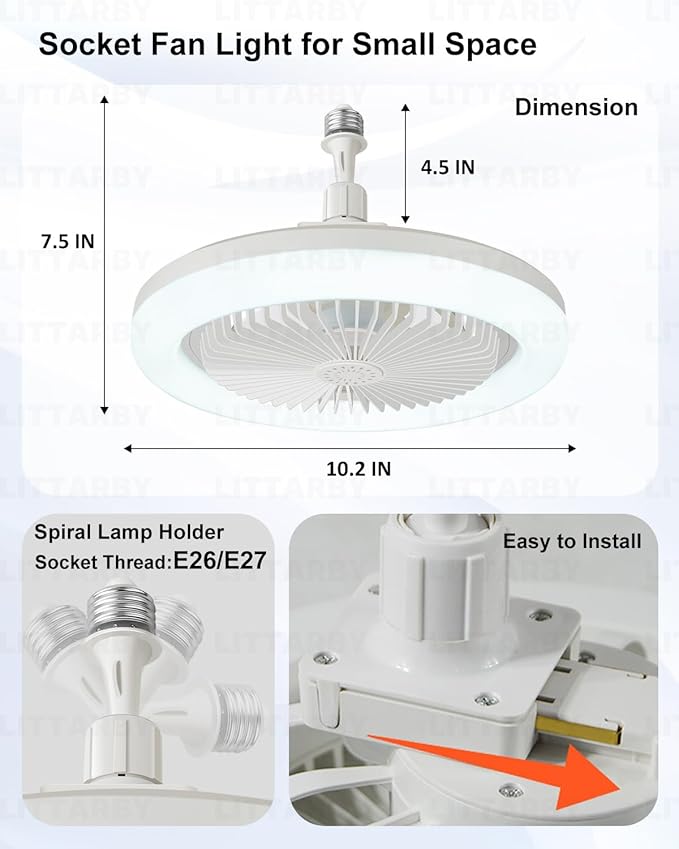 Socket Fan Light with Remote Control, 3 Colors 3000K-6500K Dimmable LED Light Bulb Fan Screw in Ceiling Fan for Bedroom, Kitchen, Storage Room, Closet, Wireless Small Ceiling Fans with Lights - White