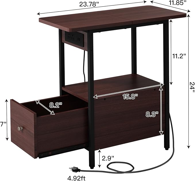 LIDYUK End Table with Charging Station, Narrow Side Table with Drawer and USB Ports & Power Outlets, Nightstand Bedside Tables for Small Spaces, Bedroom, Living Room, Dark Cherry, Set of 2
