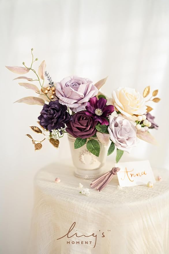 Ling's Moment Artificial Flowers Fake Roses Faux Peony Foam Gardenia Combo for DIY Wedding Bouquets Centerpieces Arrangements Bridal Shower Party Home Decorations, Purple, 23pcs