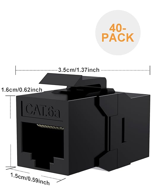 40 Pack CAT6A RJ45 Keystone Couplers, Ethernet Keystone Jack Female to Female RJ45 Couplers UTP for Cat6a/Cat6/Cat5e/Cat5 Network Cable Black