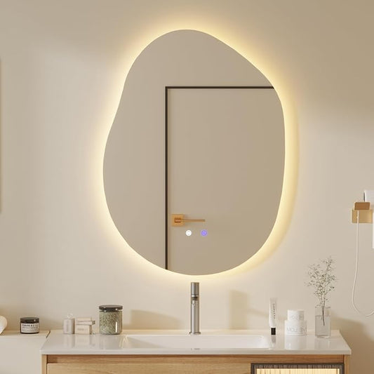 QDSSDECO Irregular LED Bathroom Mirror with Lights,Asymmetrical Led Bathroom Vanity Mirror for Wall with Front and Backlit, Anti Fog, 3 Colors and Dimmable Light, 23" x 31"