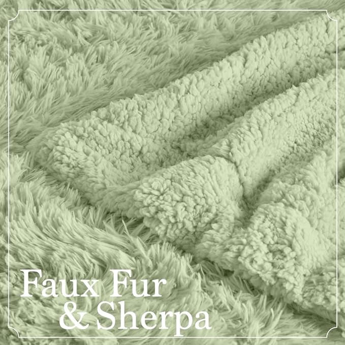 The Connecticut Home Co Throw Blanket Soft Fluffy Room Decor, Cozy Warm Throws for Bed, Couch, Gifts for Women, Bedroom Cute Aesthetic Blankets Shag and Sherpa, 65x50, Sage