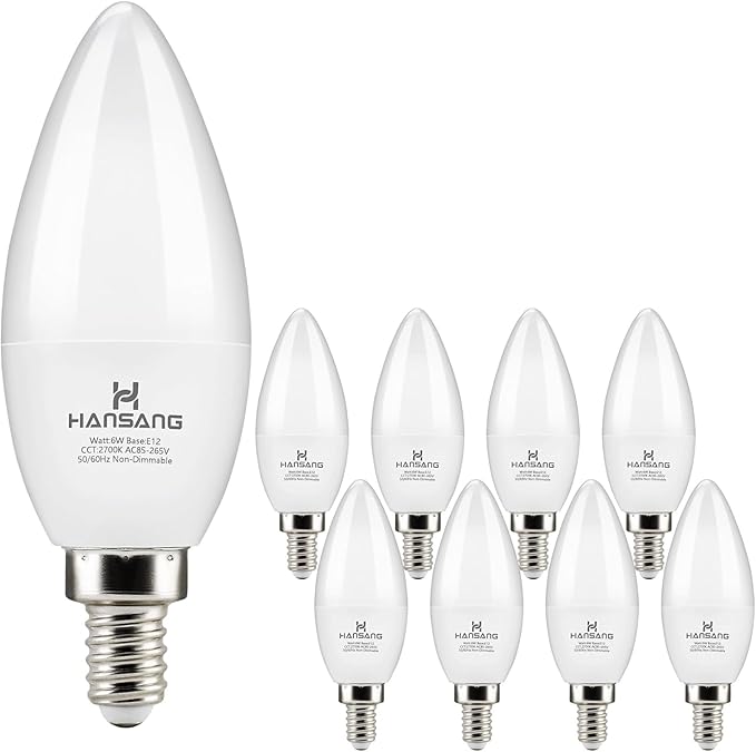 hansang 8 Pack E12 LED Candelabra Bulbs 2700K Warm White, 6W 60Watt Equivalent, B11 Ceiling Fan Light Bulbs Small Base, Type B Light Bulb for Chandelier, 600LM, 120V, Non-dimmable
