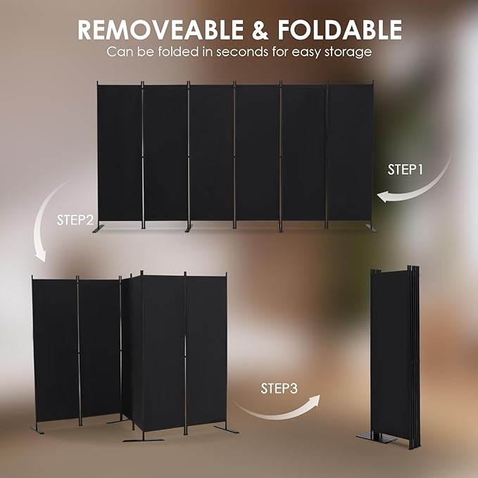 RANTILA 6 Panel Room Divider, 6 FT Folding Privacy Screen with Wide Feet, Freestanding Partition for Room Separation, Portable Room Divider Panel, 133" W x 71" H, Black