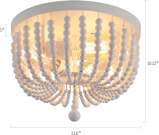 Q&S White Boho Beaded Chandeliers Flush Mount Ceiling Light,3-Lights Small Chandelier Light Fixture for Bedroom,Kitchen,Dining Room,Living Room,Stairway Gazebo