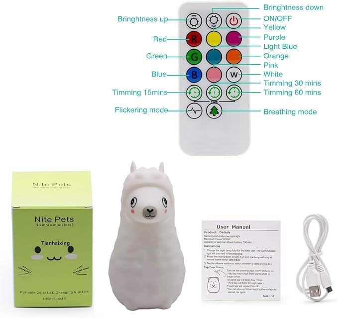 Animal Alpaca Kids Night Light, Children's Room LED Bedside Lamp, Rechargeable Soft Silicone Light, Adjustable Brightness and Colors, Compatible with Touch Control & Remote Control