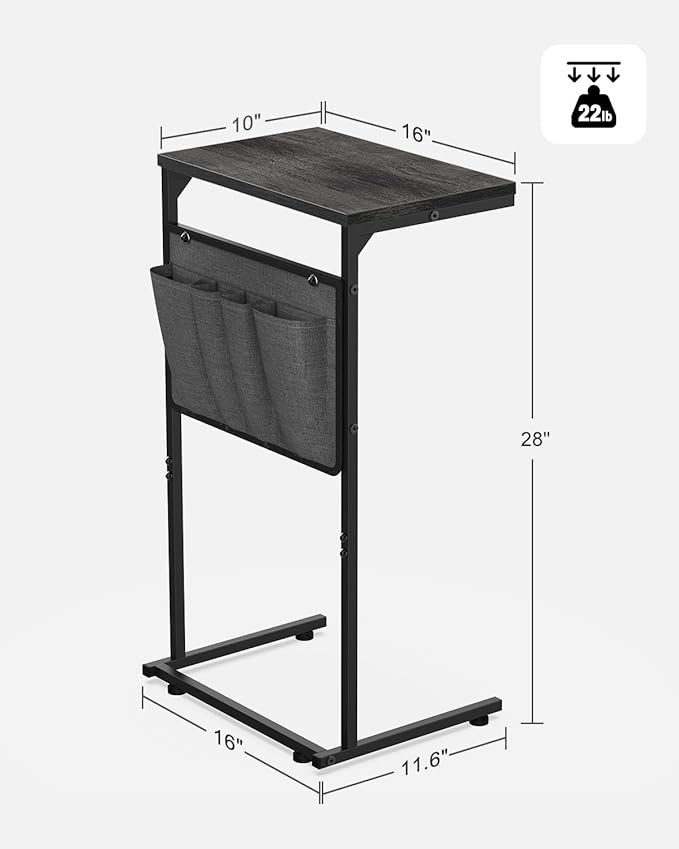 Vantic C Shaped End Table, Small Side Table for Couch and Recliner, Slide Under Sofa Tray Desk with Storage Bag for Living Room and Bedroom, Deep Grey
