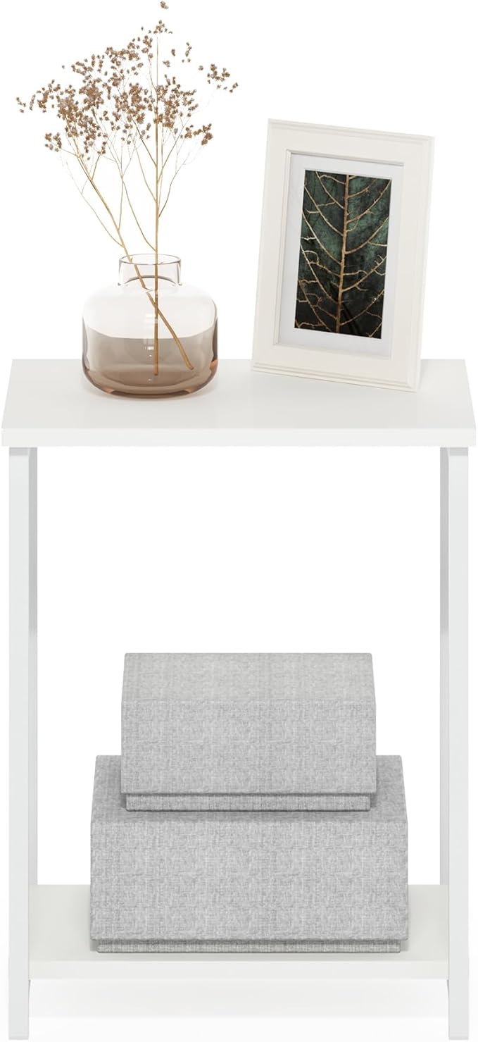 Furinno Simplistic Side Table, 2-Tier Metal Frame End Table with Open Shelf, Night Stand, Bedside Table, for Living Room, Bedroom, White