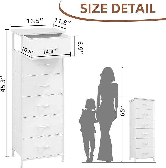 Somdot Tall Dresser for Bedroom with 6 Drawers, Storage Organizer Chest of Drawers with Removable Fabric Bins for Closet Bedside Living Room Laundry Entryway Hallway, White Leather