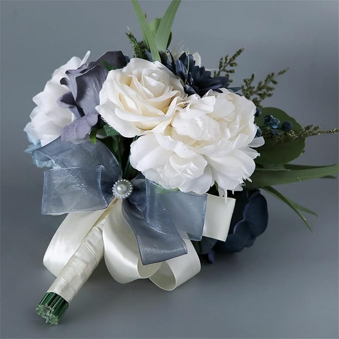 Wedding Bouquet Artificial Navy Blue Roses Flower Bride Bridal Bouquets Handmade Silk Flower Wedding Bride Bouquets for Church Party Home Decoration (Navy Blue)
