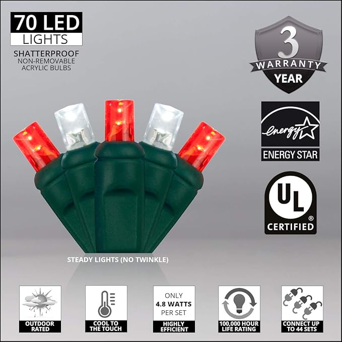 Wintergreen Lighting 70 LED Red and White Christmas Lights, 24 ft 5mm Wide Angle Mini String on Green Wire, Commercial Grade Indoor/Outdoor Holiday Decorations