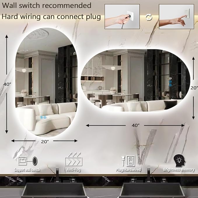 THEKLA 20 x 40 Inch Oval Lighted Vanity Mirror with Lights Backlit Smart Memory 3 Color Dimmable AntiFog 40" Frameless LED Oval Backlit Mirror for Bathroom Salon Makeup Wall Vertical/Horizontal Mount