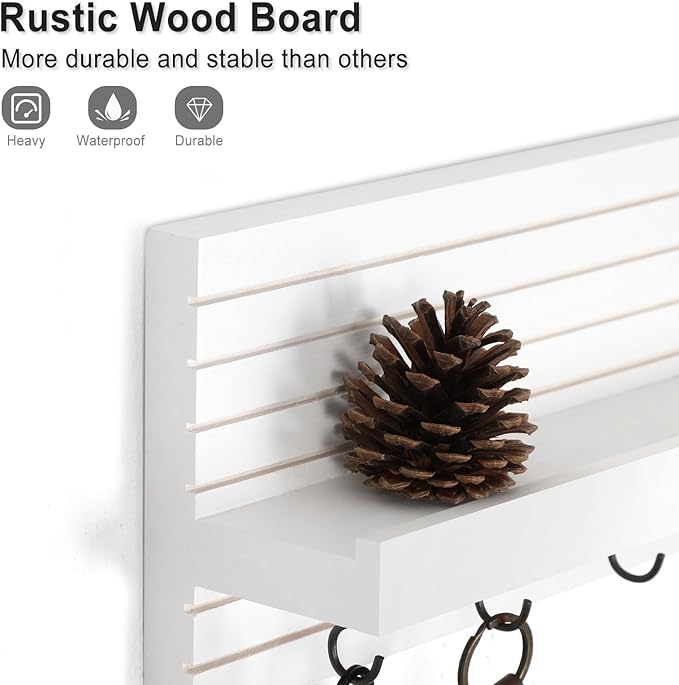 Decorative Key Holder for Wall with Shelf, Entryway Shelf with Hooks Holds Leashes, Jackets and Glasses – Sturdy Wood Keyholder Entrance Hanger with Mounting Hardware (White, Medium)