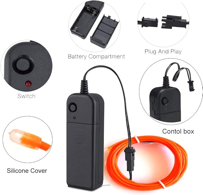 MaxLax EL Wire Orange, 32.8ft/10m Portable Battery Pack Neon Light Strip 360° Cuttable Glowing Rope Lights for Parties, Halloween, DIY Decoration