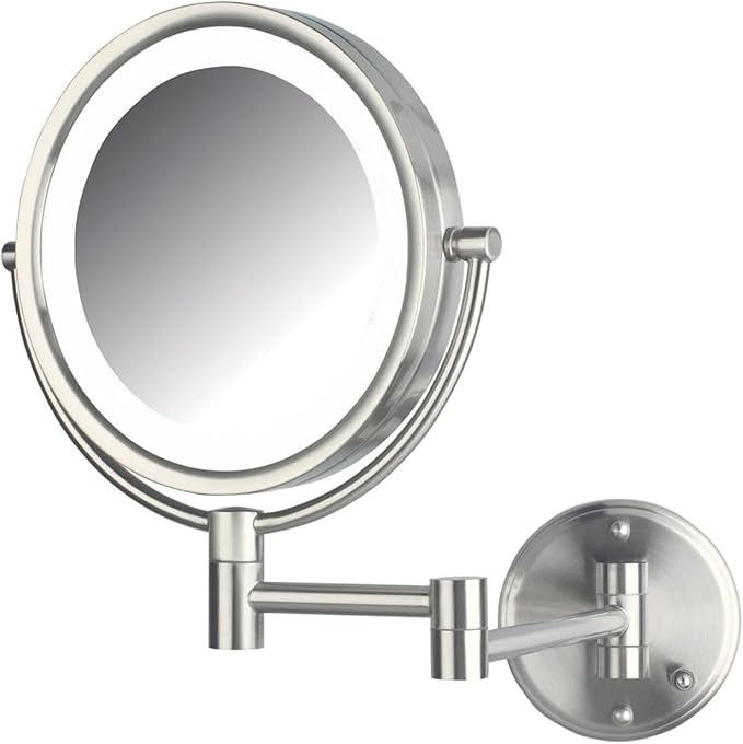 JERDON Wall-Mounted Makeup Mirror with Lights - Direct-Wired Lighted Makeup Mirror with 8X Magnification & Nickel Finish - Model HL88NLD