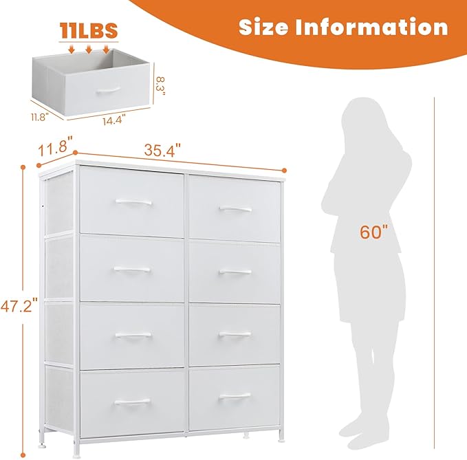Sweetcrispy Dresser for Bedroom, Chest Organizer Unit with 8 Fabric Bins, Fabric Storage Tower, Drawer Organizer with Steel Frame, Wooden Top for Nursery, Living Room, Closet